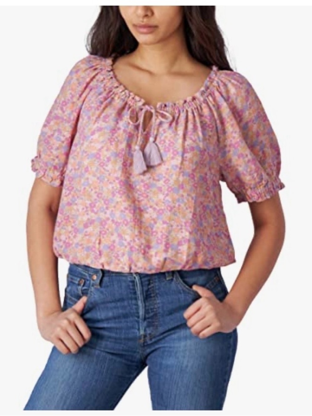 Lucky Brand Pink Floral Peasant Blouse with Tassel Tie